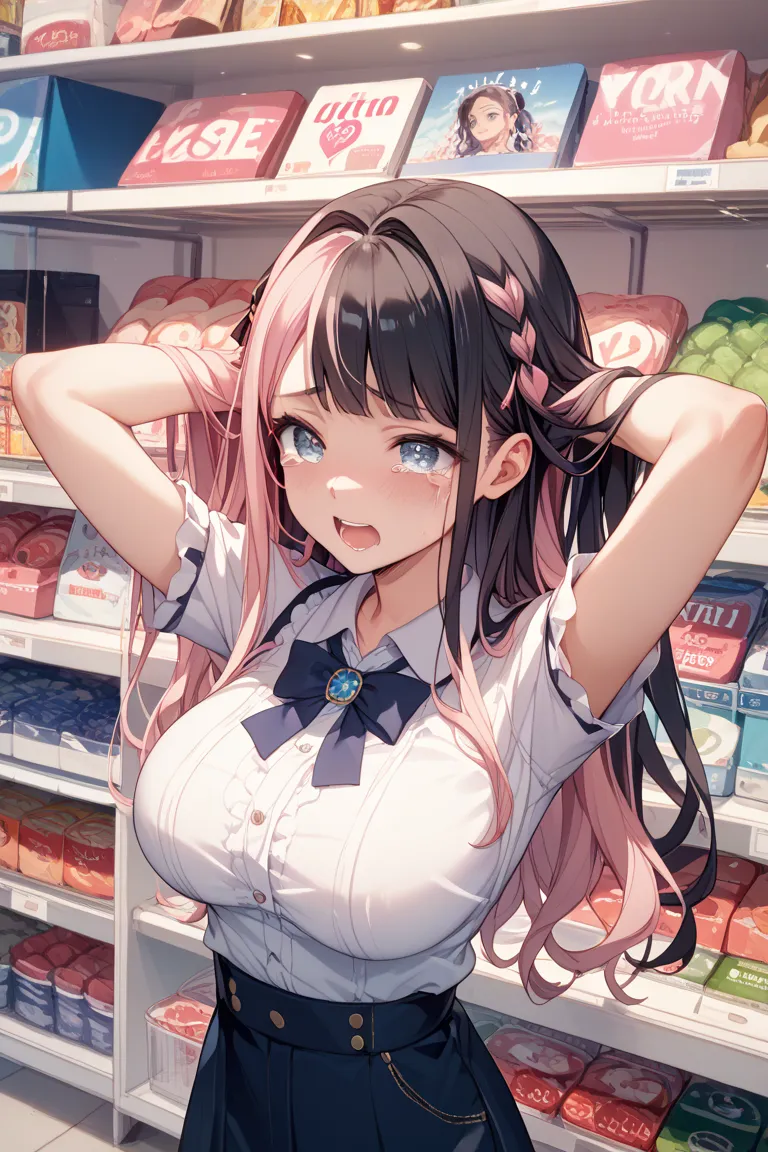 deep throat、Erotic、Big Breasts、JK、 teary eyes in the store、Place your hands behind your head.、mercilessly、Hina Tachibana's、half pink hair、Half black hair、 Excited