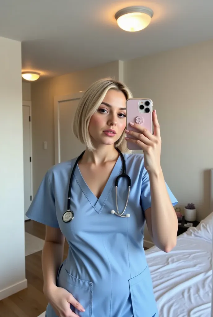 A young, slender American woman with fair, porcelain-like skin taking a mirror selfie in a minimal, clean apartment setting. She has short, sleek blonde hair styled into a chic, modern cut, framing her delicate facial features. Her makeup is subtle, with w...