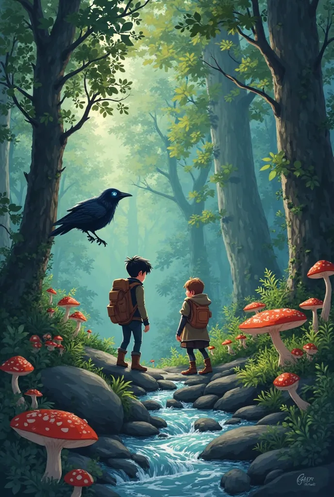 
Chapter 4 — The Trail Challenges
Léo and Mila are crossing a stream, balancing on slippery rocks. A black crow,  with glowing eyes, is perched on a nearby branch,  watching them . The forest seems enchanted, with mushrooms 