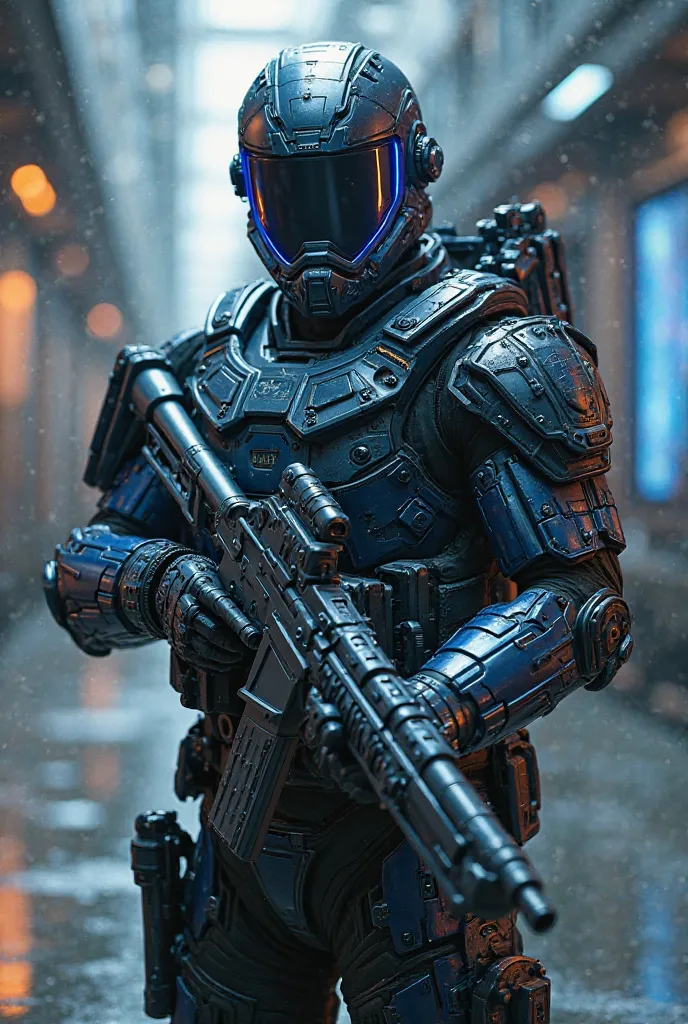 A cool soldier can wear a high level of armor, everything has a blue middle gun, is very high-tech, is ready to shoot a high-class laser gun, shoot a rocket with a trigger leg, and a flare gun.