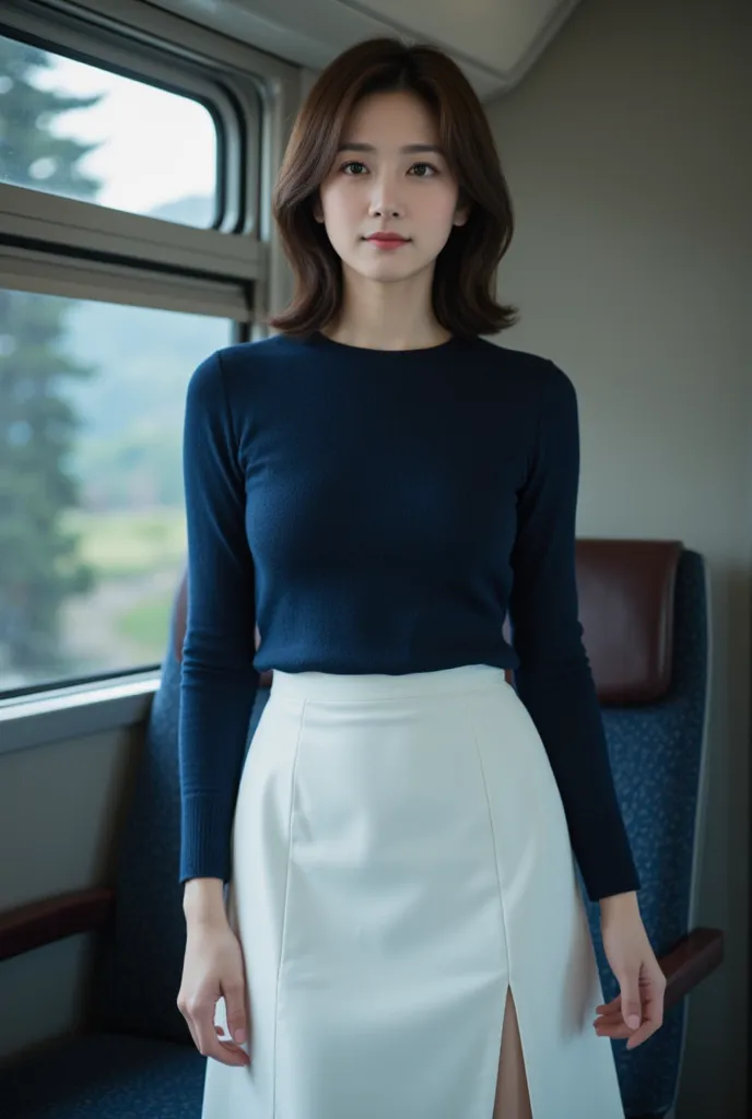 ((best quality)), ((masterpiece)), ( details), Japanese Women、45 years old、Mature Woman、medium hair、navy blue knit blouse white skirt with front slit、full body、 in the train