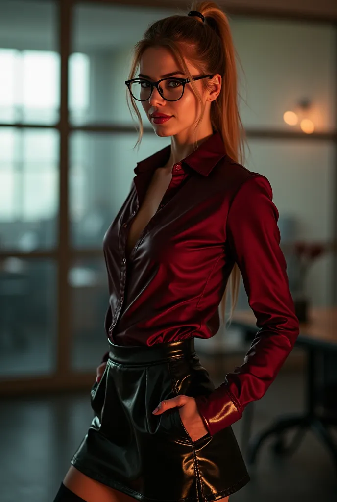 fullbody photo of a 30 years old woman with light brownblond hair tied to a ponytail. She is standing in an office. She is wearing a glossy black latex skater skirt and a button down shirt out of burgundy latex. She is also wearing black leather overknee b...