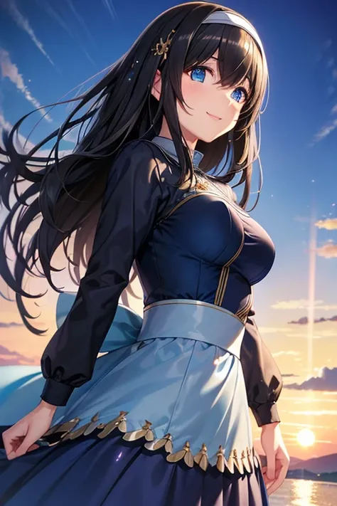 fumica sagisawa, blue eyes,  black hair, hair between their eyes, hair band, long hair,  hair above eyes,、
 (Sparkling Eyes, fine grain)、smile、super detailed eyes、very well detailedな顔, very well detailedな目,
(( Elegant Blue Dress )) ( sunset background beac...