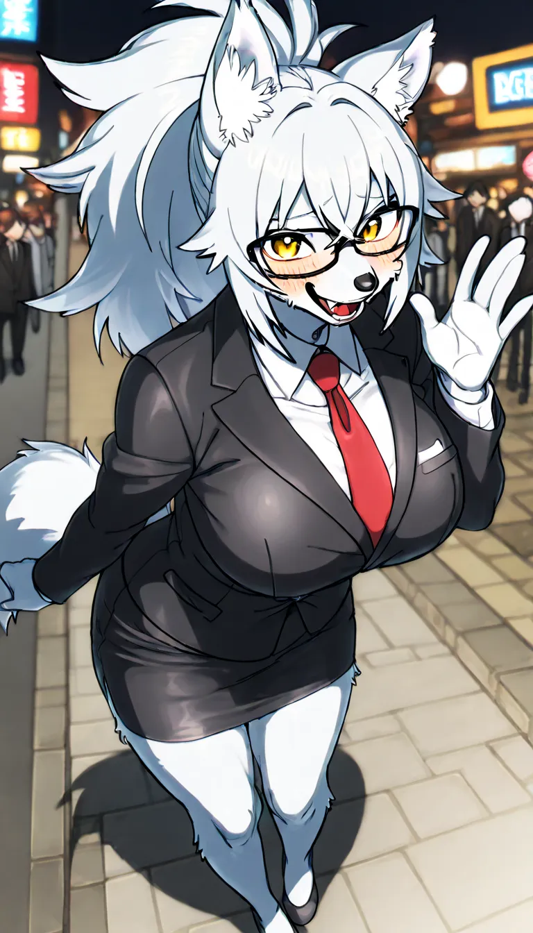   full body fur、Big Breasts、thin, sharp hem、mature woman in an excited state、  gray wolf 、 white hair、1 ponytail、mega ponytail、
big hair golden eyes、Wolf Ears、 tall nose 、high image quality、High Precision、masterpiece、4K、looks at each other subjectively、blu...