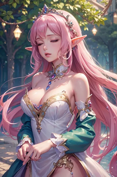 ((masterpiece)),((top quality)),((high detail)), photorealistic, elf woman, singing, light pink hair, long hair, closed eyes, Upper body close-up, Look right, Medium Breast, Delicate decoration, Off-shoulder dress, lakeside, happy