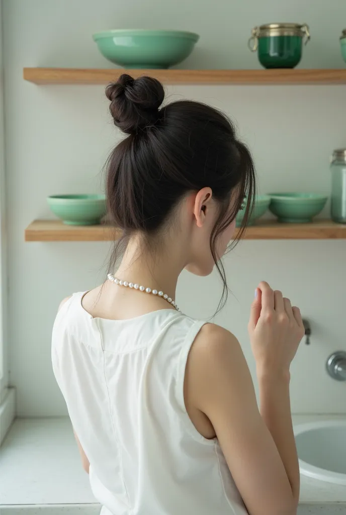 The image shows a real person with black hair viewed from the back, wearing a white sleeveless blouse and a pearl necklace. The hair is tied in a misaligned bun, attached with a large beige. The person raises their right arm, apparently to reach or place s...