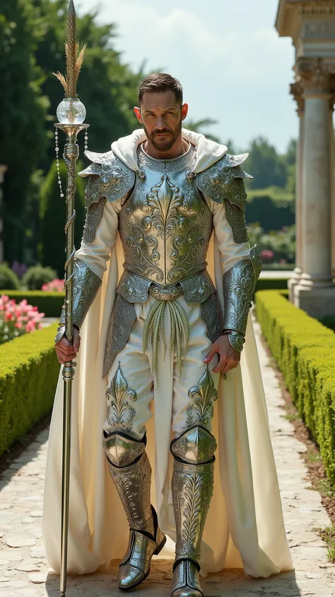 Tom Hardy reimagined as a majestic human-Virgo hybrid walking and holding a silver staff, dramatic atmosphere, 1 male､ 

short, neatly styled dark hair, piercing blue-green eyes, and sharp facial features. His skin has a soft, porcelain-like quality. His f...