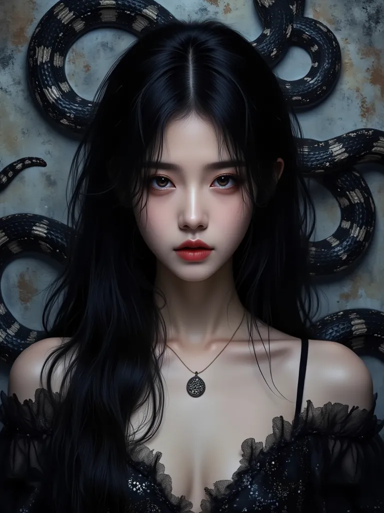 (((masterpiece+best quality+high resolution+ultra-detailed))), boa hancock, long silky black hair, high nose, sharp eyes, noble and inviolable temperament, (([female]: 1.2 + [beauty]: 1.2 + black long hair: 1.2)), snake_skull background, bright eyes, dynam...