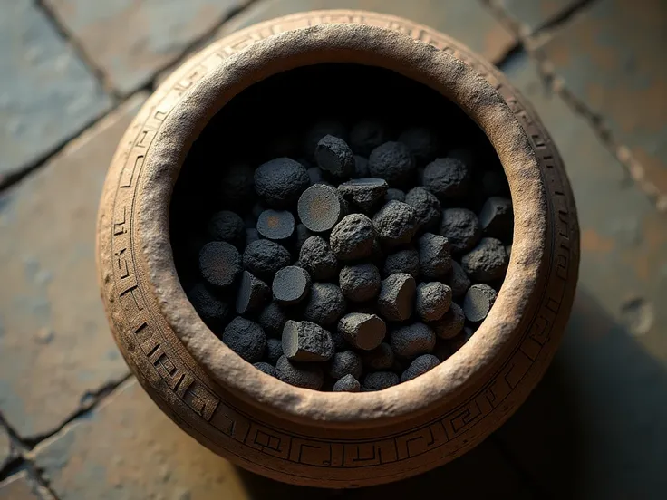 
Top-down view: An Achaemenid-era vessel filled with bright charcoal, placed on a stone surface. The vessel is crafted with intricate ancient designs, reflecting the craftsmanship of the period. Soft ambient lighting casts gentle shadows over the vessel, h...