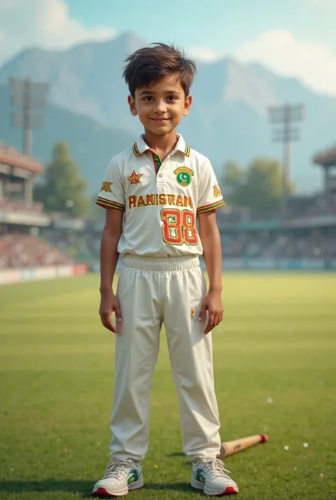 Now create a pic of human being a  boy wearing this Pakistan cricket team dress