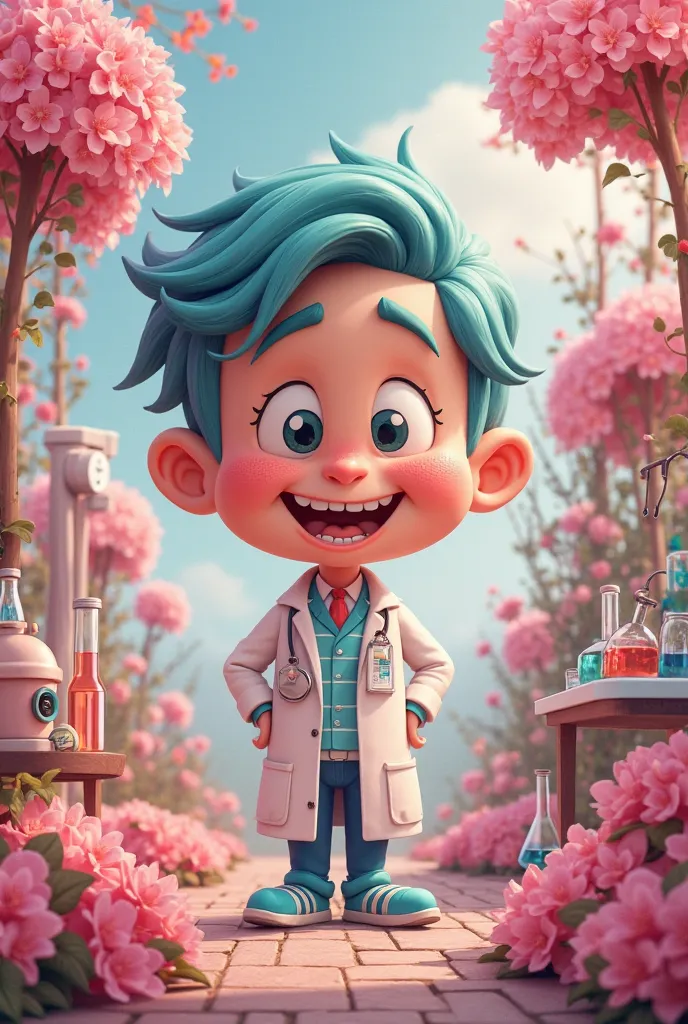 can you create a drawing of a cartoon dentist in the middle and surrounded by pink flower and science 