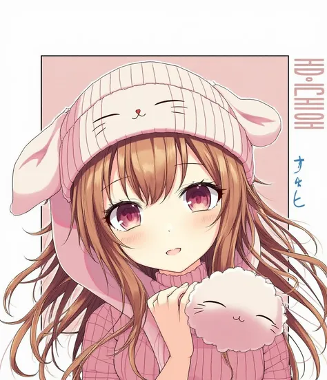 A cute anime girl with long wavy brown hair, shiny pink eyes, wearing a pink cat-ear beanie with a smiling cat face, soft lighting, highly detailed, white background.
complete and symmetrical cat-ear beaniefull cat-ear beanie