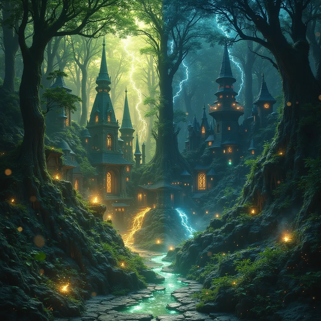 in fantasy style, two elven cities, a city of bright elves in a green forest and a city of dark elves in a dark thicket.  Two sides : darkness and light 