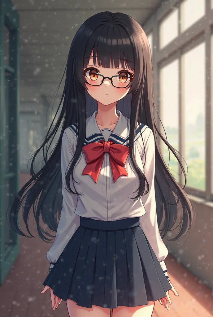 a shy girl, shirt with glasses,  with long black hair, bow with fringe, with big breast, Defined ass and perfect body, school environment and with school clothes, anime 