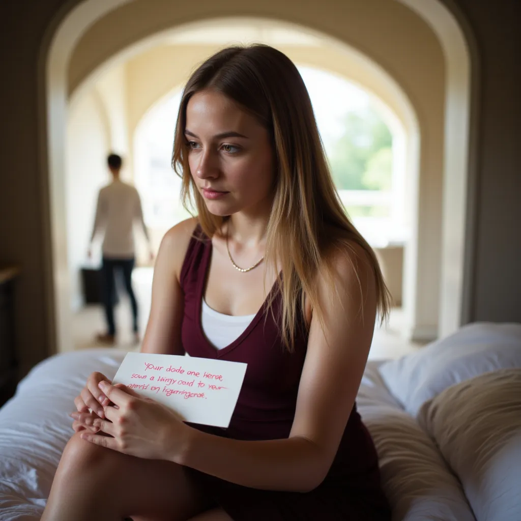 Woman sitting on bed . Has a note in hand, On the weekend is written in red lettering style photorealistic, impressionist,  sharp focus,   , daylight, full body