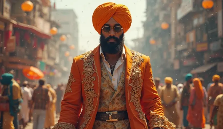 Punjabi Swag that shakes the world – A stylish punjabi man with turban walking confidently in a modern Punjabi setting, people turning heads in admiration.