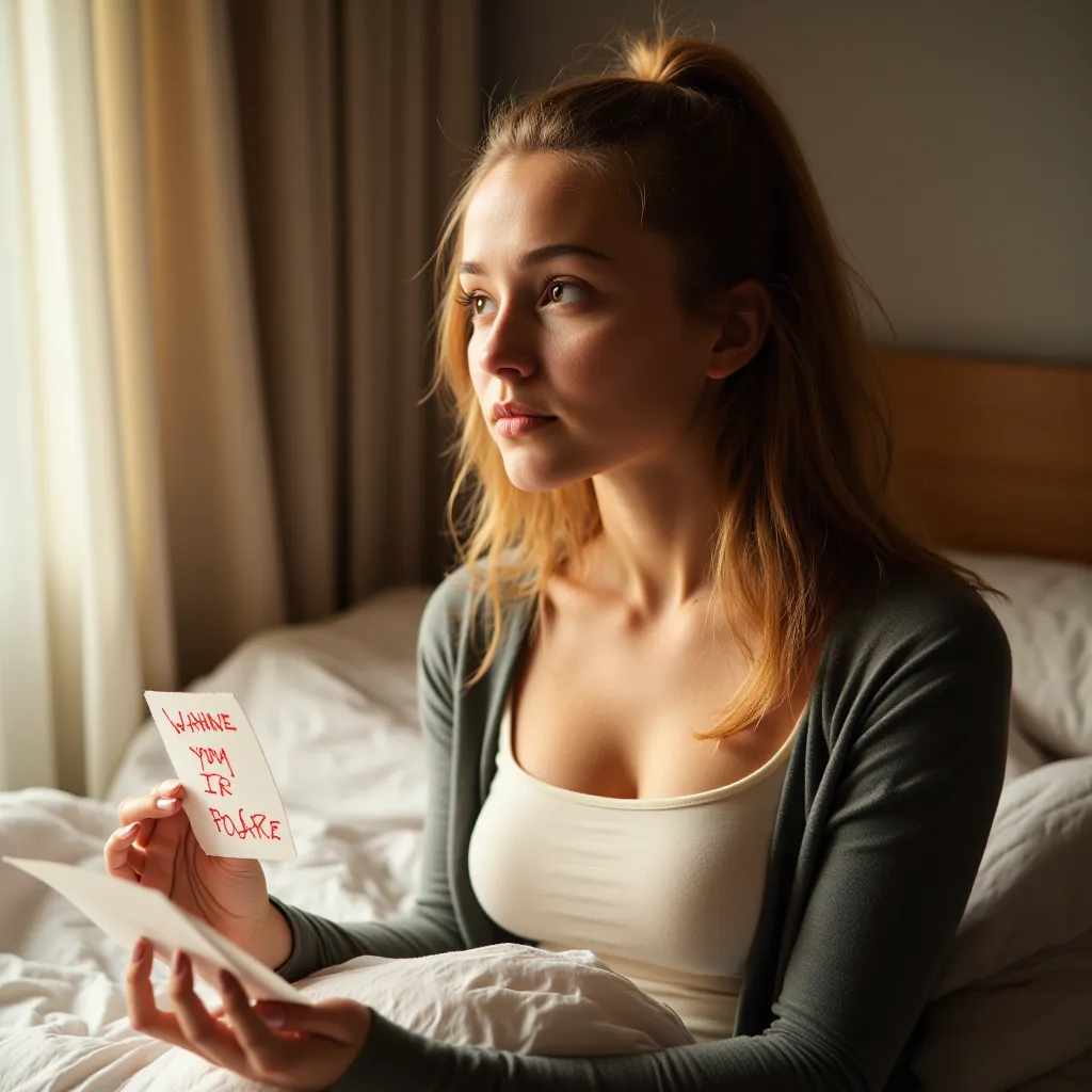 Woman sitting on bed . Has a note in hand, On the weekend is written in red lettering style photorealistic, impressionist,  sharp focus,   , daylight, full body