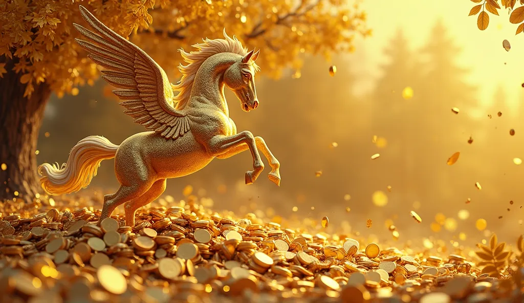 golden flying horse,thousands of falling gold coins,gold tree and gold colored background