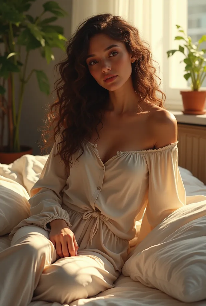 (photorealism:1.2), beautiful woman, sitting on bed, wearing loose off-shoulder top, pajama pants, long curly hair, indoors, soft lighting, plants in background, window with sunlight, cozy room, relaxed pose, realistic, intricate details, warm colors, by G...