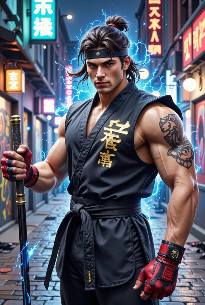 Conceptual design: Cyber Ninja Assassin - A Futuristic Ryu from Street Fighter. This vibrant graffiti-punk digital watercolor presents Ryu, the legendary martial artist from Street Fighter, as a cyber ninja assassin in a bustling cyberpunk metropolis. Dres...