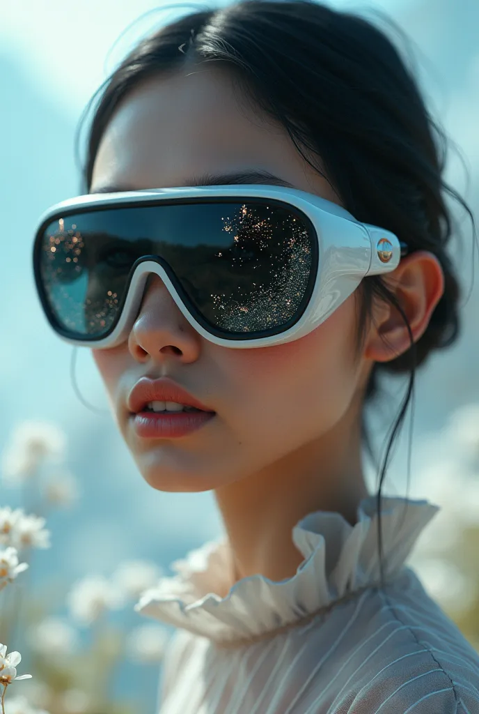 The model is wearing glass sunglasses with stars and the moon on the glass