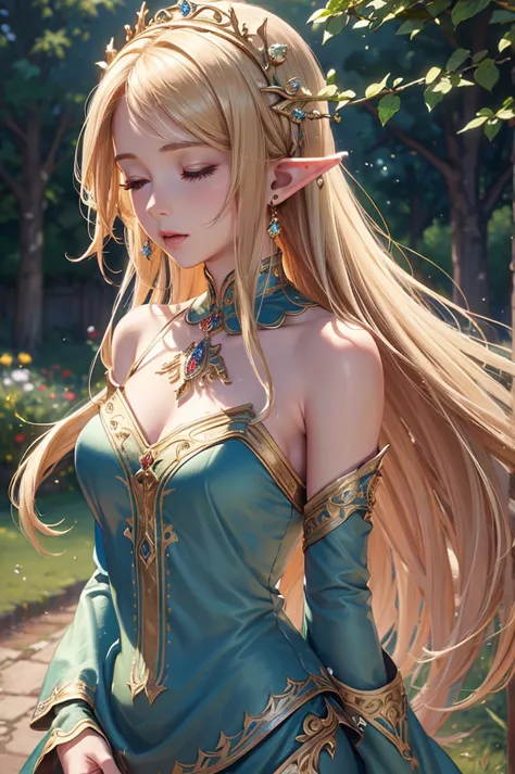 ((masterpiece)),((top quality)),((high detail)), photorealistic, elf woman, singing, blond hair, long hair, closed eyes, Upper body close-up, Look right, Medium Breast, Delicate decoration, Off-shoulder dress, Medieval rural village, happy