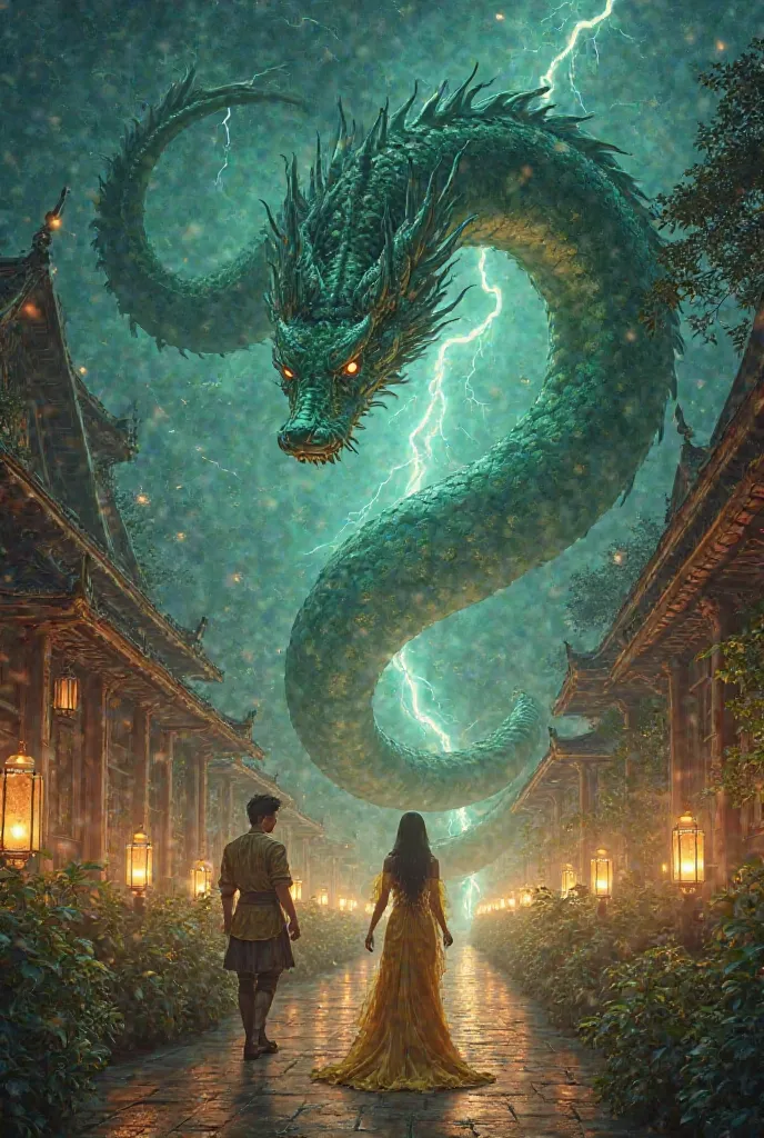 “A mystical Thai folklore scene unfolds in an ancient kingdom. The beautiful princess Nang Ai, dressed in a golden silk gown, walks gracefully through a grand palace surrounded by lush gardens. Prince Phadaeng, a handsome warrior in traditional Thai armor,...