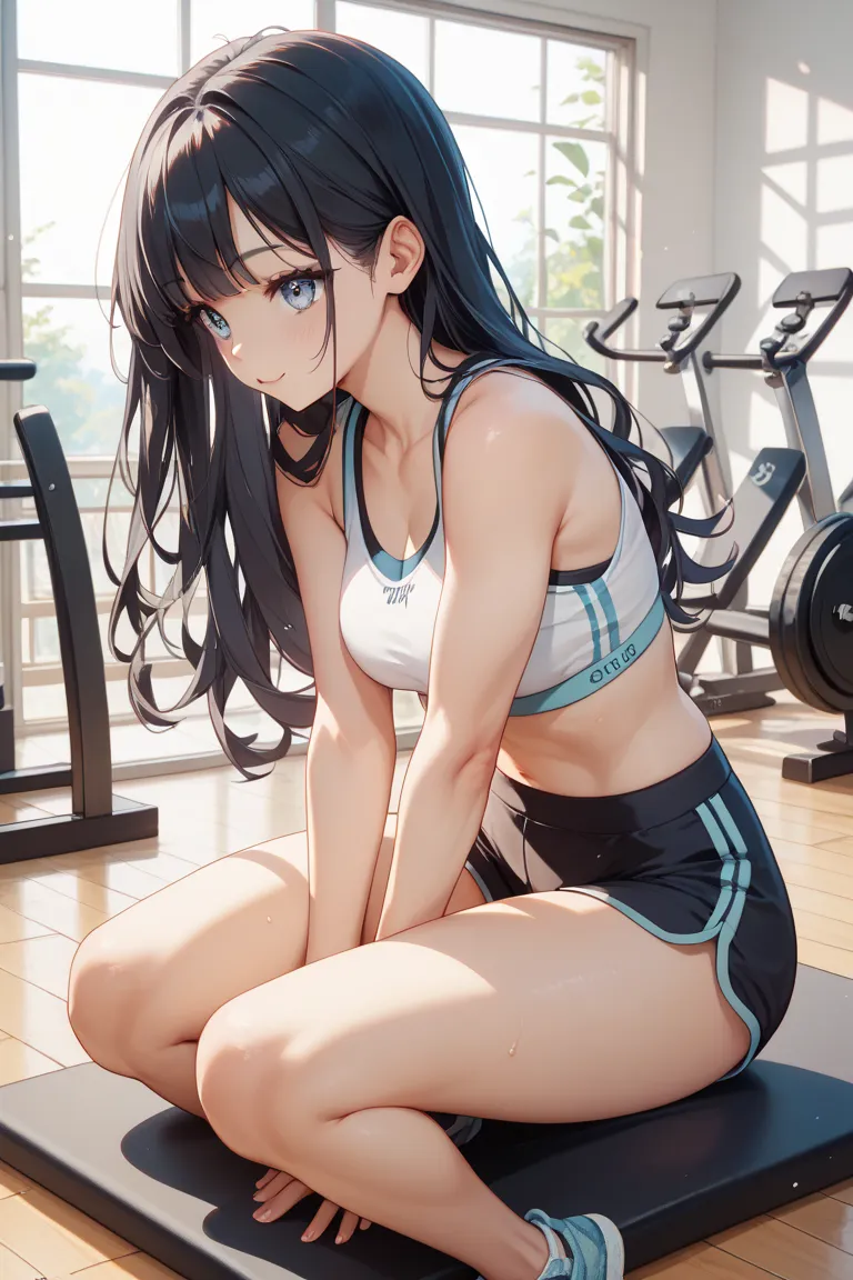 tudent、 exercise sitting、 black hair、long hair、cute