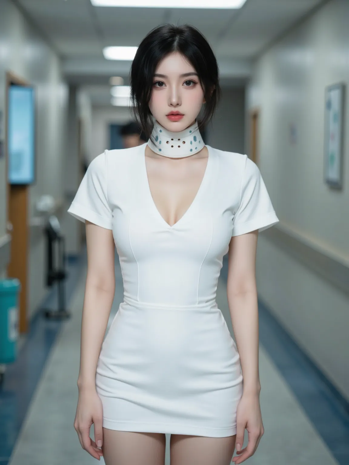 Frontal realistic style, a very young Chinese woman with delicate facial features and a slim figure, wearing a well-fitting white nurse uniform, a deep V, a short skirt, a pretty black bob, and a white injured neck brace around her neck. The background is ...