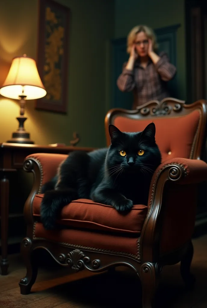 Inside a cozy yet dimly lit home, the black cat with piercing yellow eyes lounges on a vintage armchair. Shadows in the room seem to stretch unnaturally toward it. A nearby lamp flickers, casting eerie shapes on the walls. In the background, the woman, Mar...