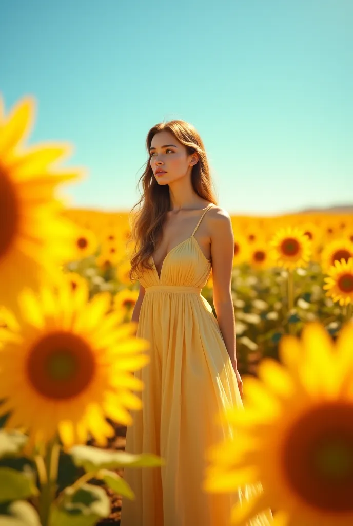 Or you can make a full-length girl, and so that against the same background, as in the uploaded photo. In the middle of a field full of sunflowers. 