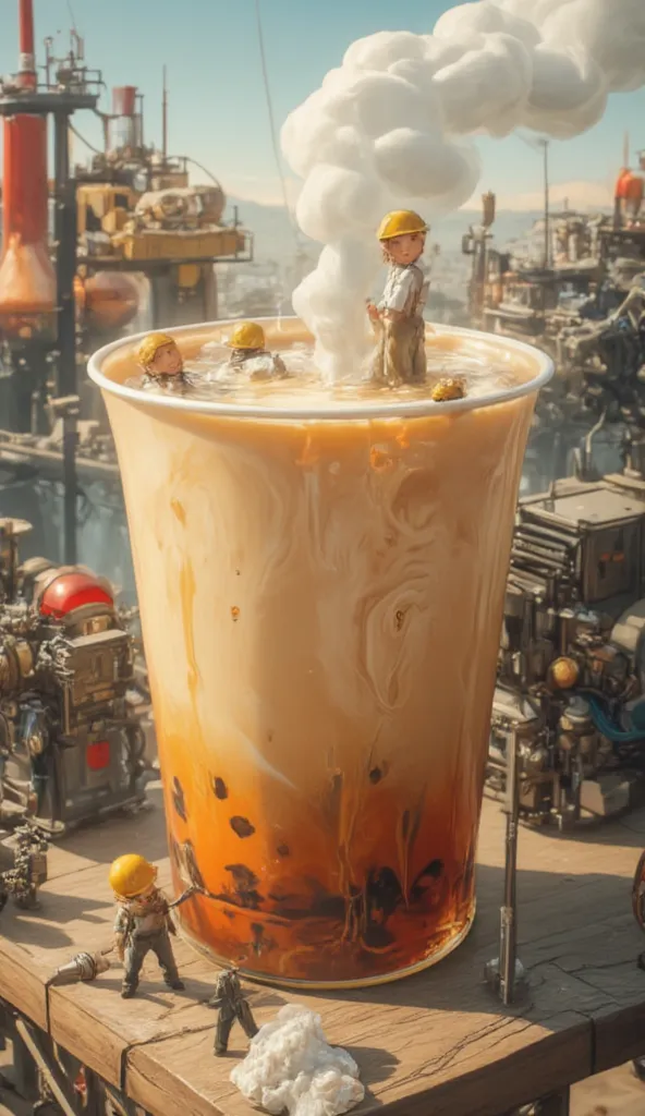 
A group of small human workers, surrounded by a large cup of milk tea, work hard to make the milk tea.