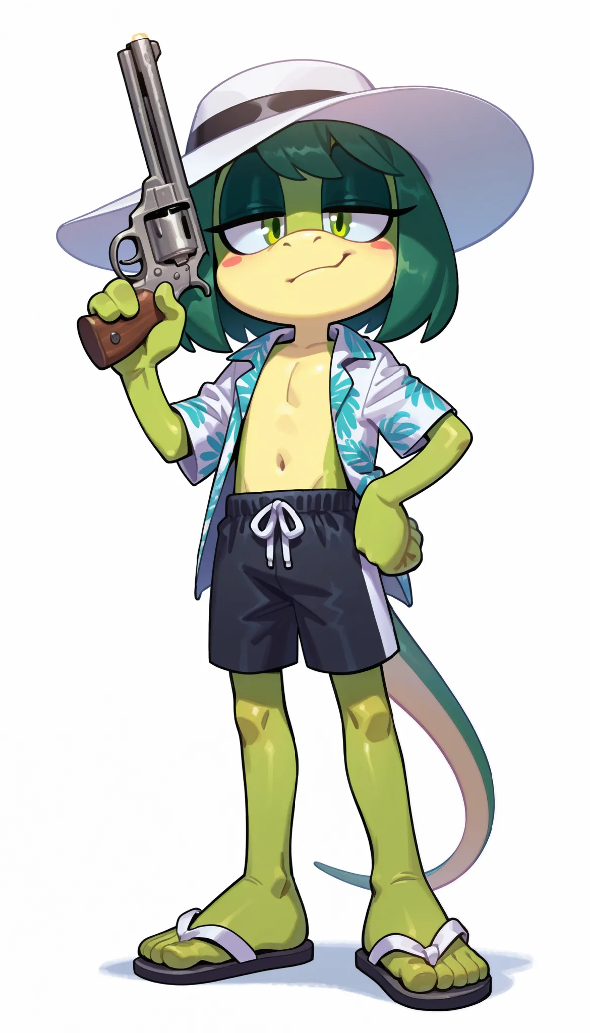 Score_9, Score_8_up, Score_7_up, 1boy, solo, masterpiece, best quality, incredible quality, very aesthetic, absurdres, source furry, furry shota, mobian lizzard, frackles on face, lizzard tail, lizzard features, short dark green hair, gelled hair, straight...