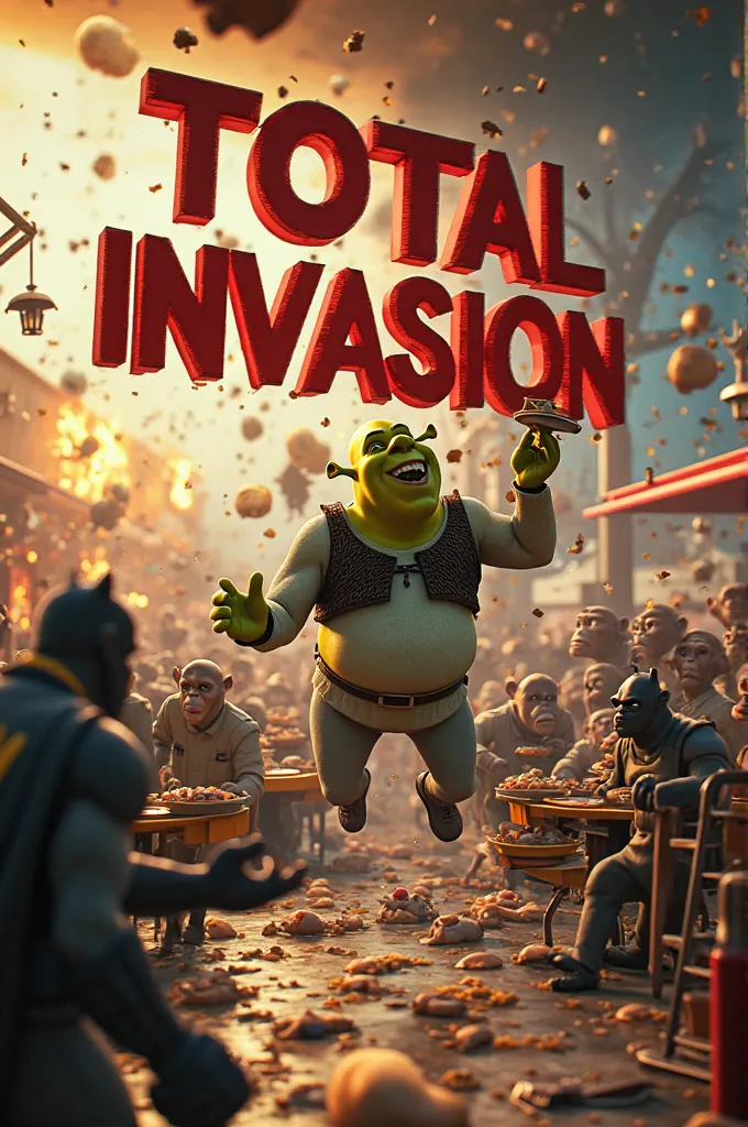 An explosion of chaos in a destroyed McDonald's, with Shrek jumping on the tables laughing, Batman stealing a tray full of hamburgers, an army of a destroyed McDonald's, monkeys fighting for food. The background is full of flames, crazy carts and fleeing c...