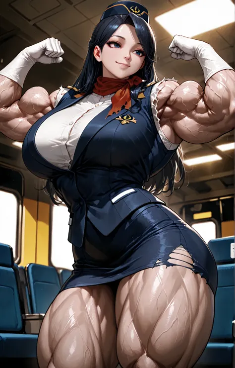 best quality, masterpiece, ultra-detailed, 8k resolution, elegant flight attendant, wearing a navy blue uniform with a red scarf, white blouse,smile,flexing ,biceps,torn clothes,thick arm,  realistic lighting, detailed skin texture, professional atmosphere...