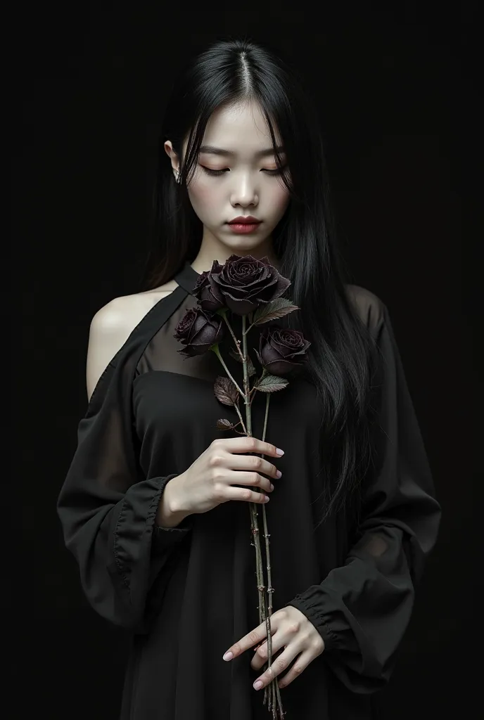 Create an image of an Asian-faced woman wearing a black dress her long straight hair she clutches tightly a sprig of spiked black roses, there comes out dripping red liquid between his fingers,her closed eyes felt a great heartache in a dark black backgrou...