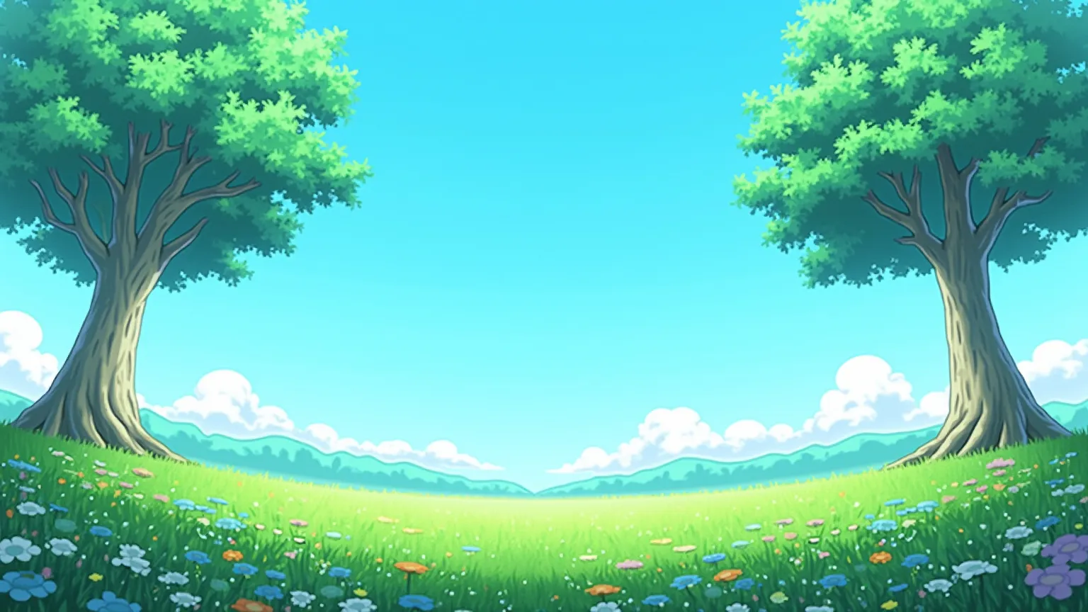 Anime style, blue sky and green meadow. There are no people. There are a couple of trees on each side.