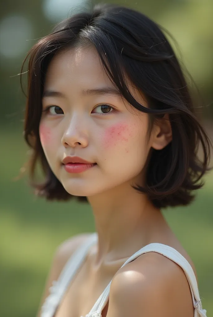 A young Asian woman with short, dark hair and round and youthful face shape with acnes scars on the face the skin texture and tone: Oily skin with red acne and acne scars on both cheeks but not obviously. Make it whole body picture and maybe riding the hor...