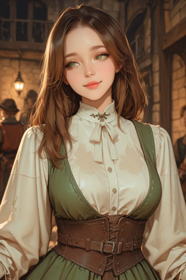 Brown haired woman, green eyes, kind face. Dressed in medieval clothing shopping. 