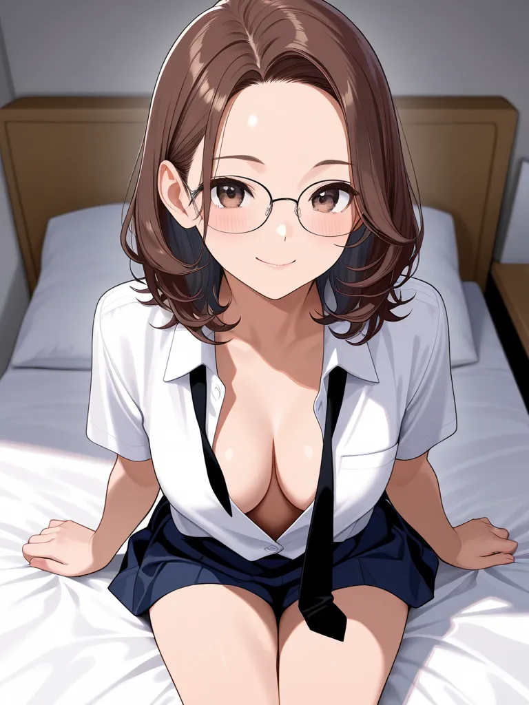 nsfw,  masterpiece, great quality,  semi-realistic detail CG , super high resolution, 8k、 high school girl、uniform、 no bra、black tie、Medium breast、Sit leaning against my boyfriend's bed at home、Angle from Above、Relaxed chest loose cleavage、Glasses、brown ha...