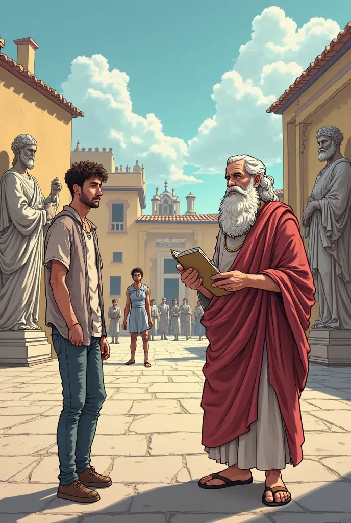 Comic Book Title: "Socrates y el Viaje a través de la Politología"
 characters:
you ( student): A character with an expression of curiosity and a notebook in his hand.
Socrates: A wise and patient character, wearing a Greek tunic.
Special Appearances: Plat...