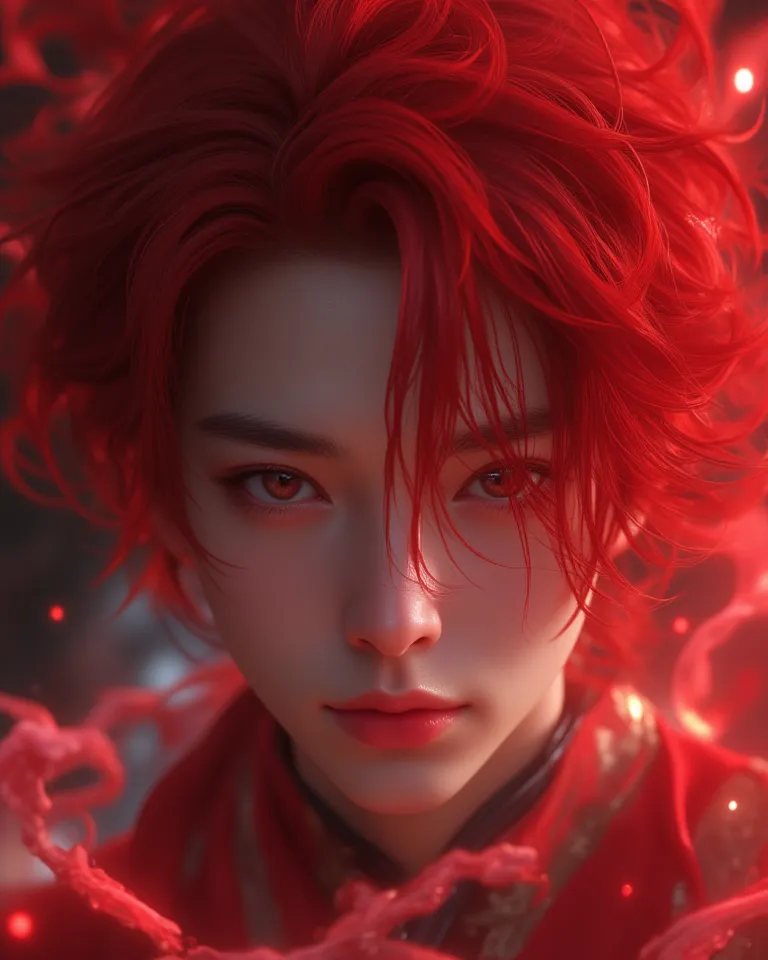 Masterpiece, best quality, 8k, highest quality, best graphic, beautiful eye, beautiful lip, beautiful background, Korean man in 20s, red hair, red atmosphere, red and white aura, mythical like, void eyes