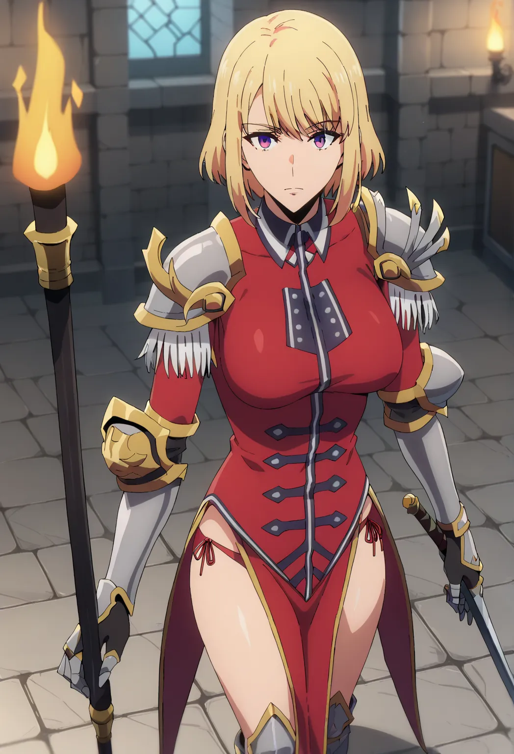 score_9, score_8_above, score_7_above,
ChaHaeInSL,
1 , Alone,  mouth shut,
blond hair,  medium hair, purple eyes,
ChahaeinArmor , red swimsuit, shoulder armor, gauntlets, military, pelvic curtain,  holding sword,
(standing:1.2), looking at the viewer, THIG...