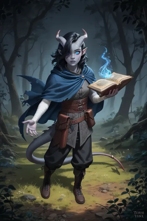 (1 adult Tiefling girl,  dark blue-gray skin :1.7), (35 years old:1.4), (black hair covers the right eye:1.4), (curl of medium-length black straight hair covers the right eye:1.5), (Looks half a turn over his shoulder:1.4), (Dynamic pose, magic old book in...