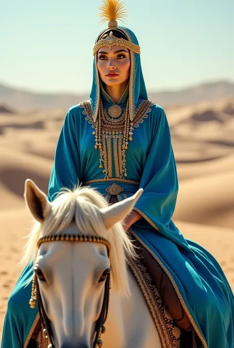 Rassoul of gad  mohemed with clothes arab fashion blue on her weiht horse color wheit with collie gold in her had one  plume wheit and coron