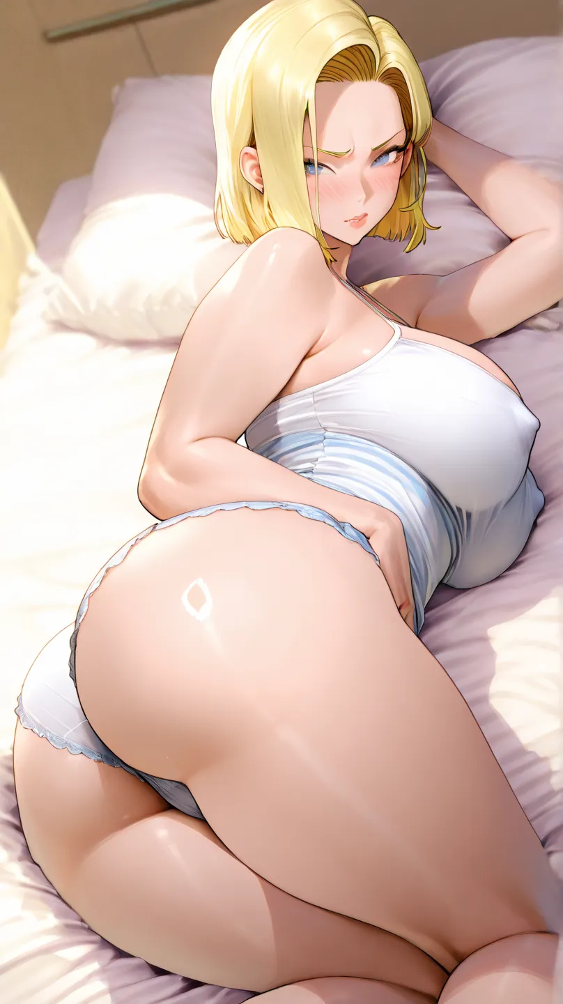 We ,32K、 Limited edition 、 TOP QUALITY、Original Works、Detailed View、 detailed eyes 、detailed face、 detailed lips on the butt 、 alone、beauty、Big Breasts、saggy breasts、Dragon Ball characters、 Android 18、 in underwear、Black、Stunning Hair   、active、big areolas...