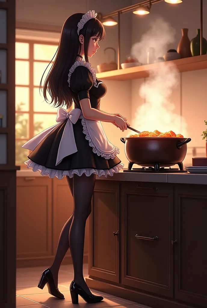  Wearing maid clothes （ skirt、 Black Stockings ）
Cooking hot pot

Maid Hairstyle Long Hair Asian Face Black Heels