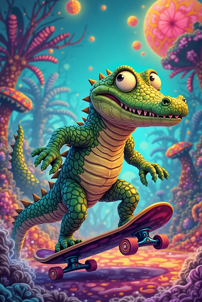 Un crocodile sur un skate cartoon psychédélique 