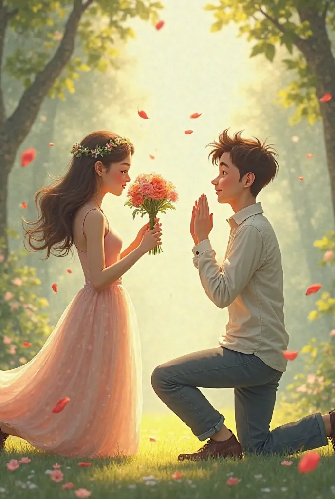 girl holding bouquet kneeling proposes to boy and boy takes his hand covering his face with surprise expression