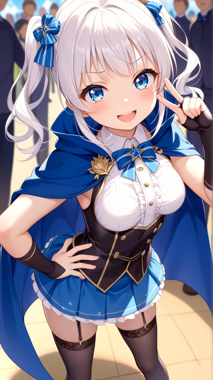  1 girl 、Young Girl、on the stage, blue spot light, crowds、White opera gloves、idol costume, black stockings, White Hair、(High image quality)、(Best Quality)、(masterpiece)、(8k)、 blue eyes, blue cloak、Above-the-knee angle、medium breasts, crowd, close-up, (open...